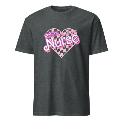 Certified HEM|ONC Nurse Checkered Heart Design Short Sleeve Tee